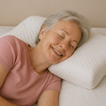 Woman lying on a bed with a white pillow, smiling.
